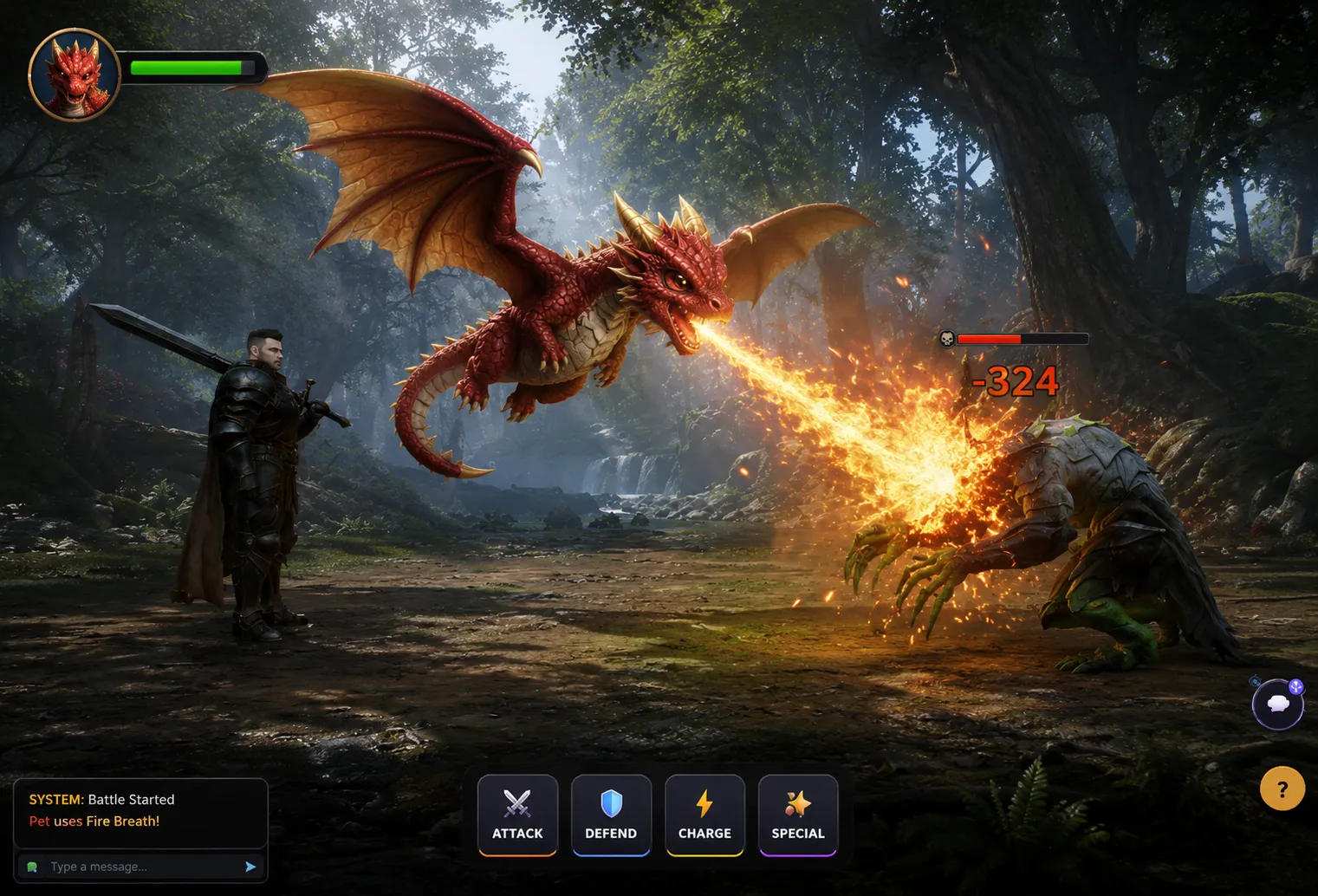 TokenLordsRPG turn-based combat: a player's pet dragon breathing fire at an armoured mob, with Attack, Defend, Charge and Special commands below the battlefield
