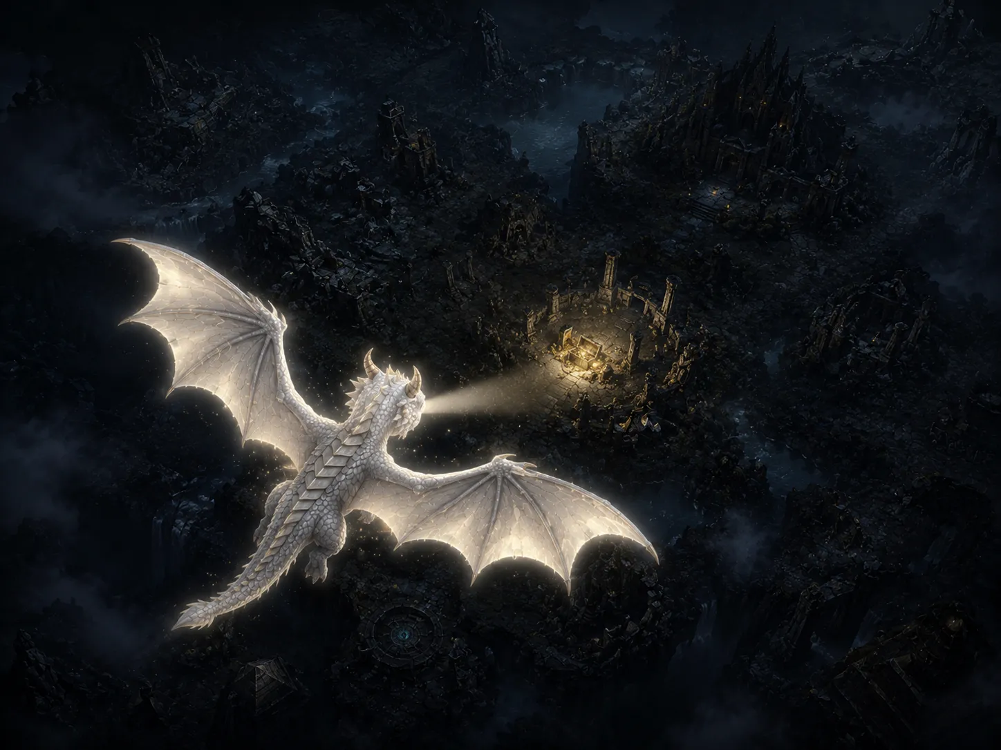 Die TokenLordsRPG-Welt von oben: Ein weißer Drache gleitet über zerstörtes Gebiet auf ein beleuchtetes Schatzgewölbe zu