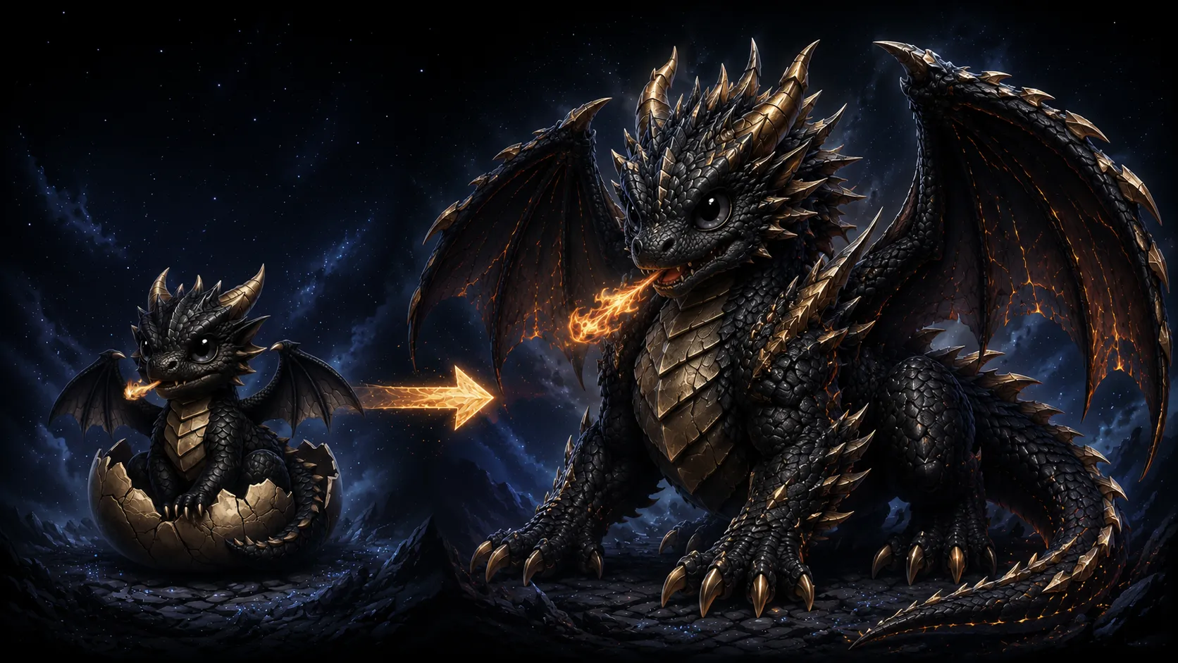Pet progression in TokenLordsRPG: the same dragon shown as a hatchling in its shell and again fully evolved and armoured